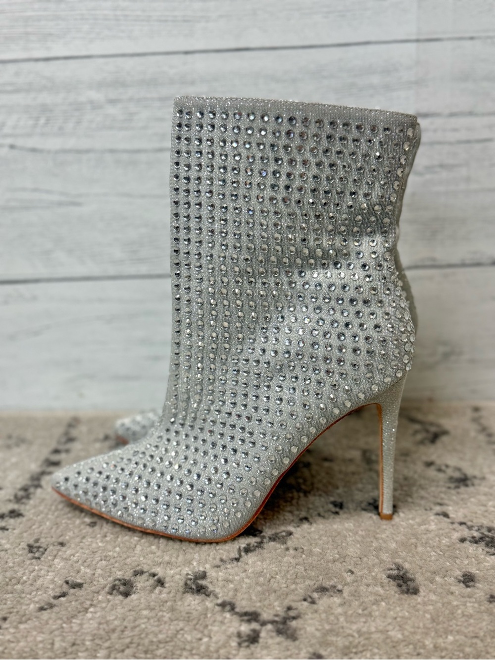 NWOT Elditas Stacy Crystal-Embellished Silver Stiletto Ankle Boots